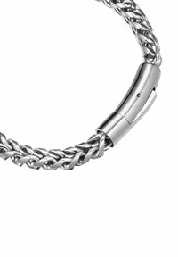 Silver braided bracelet with a smooth metallic clasp; features intertwining strands and a polished finish for a sleek appearance.