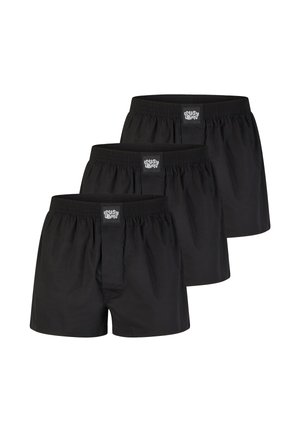 Black cotton boxers, featuring an elastic waistband and a front opening, presented in a pack of three with a plain design and no patterns.