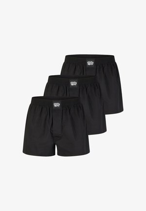 Schwarze Baumwoll-Boxershorts mit elastischem Bund und Frontöffnung, im Dreierpack, schlichtes Design ohne Muster.
