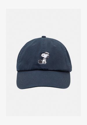 Marineblauw baseballcap van katoen, met een geborduurd Snoopy-personage dat een tennisracket vasthoudt aan de voorkant. Klassiek ontwerp met een gebogen rand.