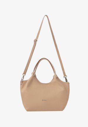 Beżowa skórzana torebka o zaokrąglonym kształcie, z podwójnymi uchwytami u góry oraz odpinanym paskiem na ramię. Posiada subtelną fakturę i wytłoczone logo marki.