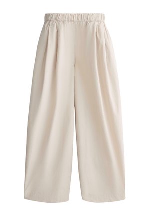 Beige wide-leg pants with elastic waistband and pleats, made from lightweight fabric, suitable for casual or formal wear.