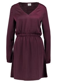 Vestido de manga larga en color ciruela con escote en V y cintura elástica fruncida, hecho de una tela suave, falda a la altura de la rodilla.