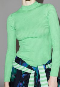 Grön ribbad långärmad topp med hög krage. Kombinerad med en mörk blommönstrad kjol och ett randigt grön- och vitt bälte.