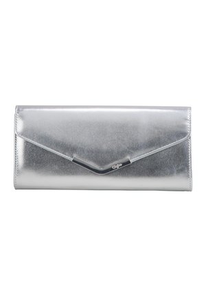 Silver metallic envelope-style clutch purse with a V-shaped metal accent on the front flap.