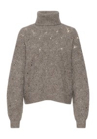 Light gray knitted sweater with a turtleneck, featuring a textured pattern and ribbed cuffs and hem. Soft, chunky fabric with open weaves.