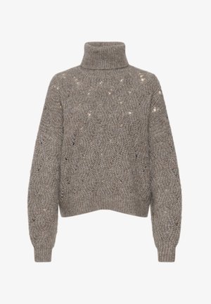 Maglione lavorato a maglia grigio chiaro con collo alto, caratterizzato da un motivo testurizzato e manicotti e orlo a coste. Tessuto morbido e spesso con trame aperte.