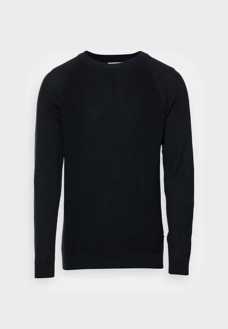 Dark blue knitted sweater featuring a crew neckline, long sleeves, and ribbed texture at cuffs and hem. Simple, classic design without patterns.