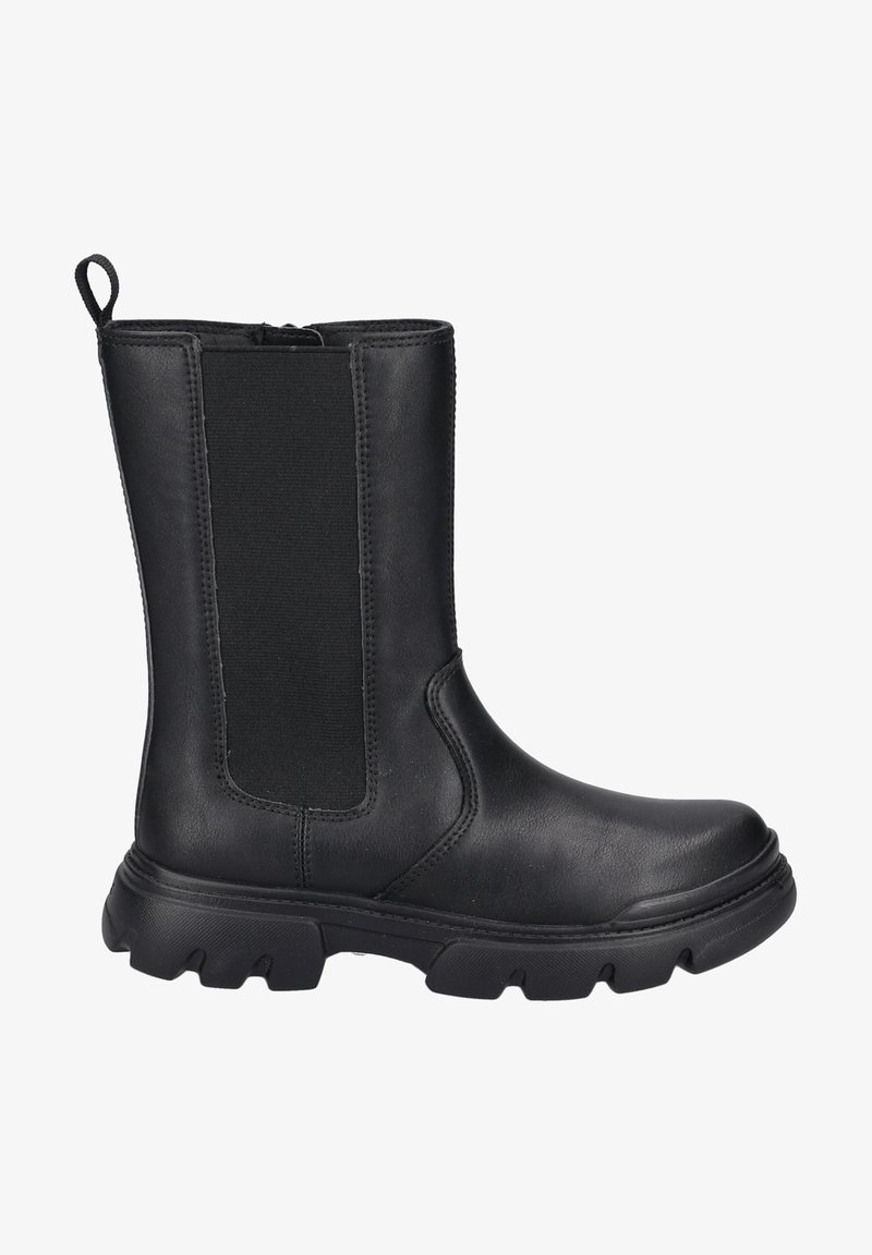 Botín de cuero negro a medio gemelo con panel lateral elástico, tirador, punta redonda y suela de goma gruesa con un fuerte relieve.