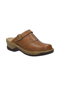 Tan leather clog with a rounded toe, adjustable strap featuring a metal buckle, and a textured sole for grip. Slightly raised heel.
