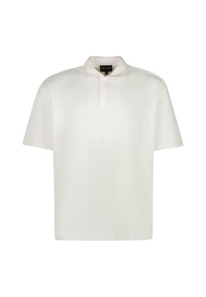 Witte polo met korte mouwen, gemaakt van gestructureerd materiaal, met een knoopsluiting met twee knopen en een staande kraag. Eenvoudig, strak ontwerp zonder patronen.