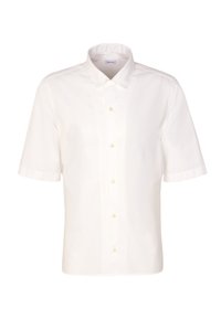 Wit katoenen overhemd met korte mouwen, voorzien van een klassieke kraag, knoopsluiting en gele knopen voor contrast en detail.