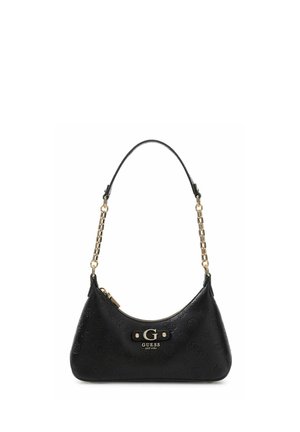 Sac à main noir Guess avec motif de logo embossé, chaîne dorée et bandoulière en cuir, ainsi qu'une plaque de logo dorée sur le devant.