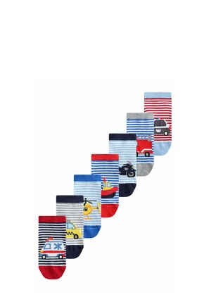 Seven pairs of striped children's socks, each with a different emergency or transport vehicle design, arranged diagonally on a white background.