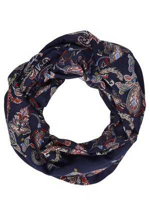 Mørkeblå stof tørklæde med et farverigt paisley mønster arrangeret i en løs cirkulær sløjfe på en hvid baggrund.