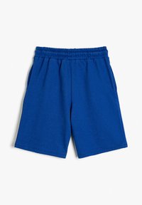 Blå bomuldsshorts med elastisk talje, sidelommer og en glat tekstur. Pæn kantfinish uden synlige mønstre eller accenter.