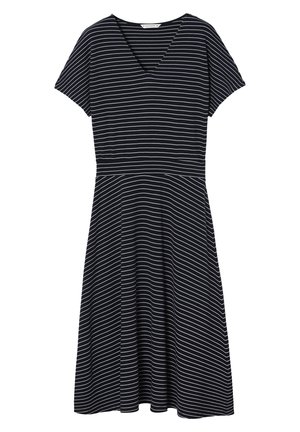 Striped dress in navy and white, short sleeves, V-neck design, fitted waist, flowing skirt. Made from soft, breathable fabric.