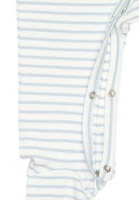 Pagliaccetto a strisce in tessuto bianco e azzurro chiaro, dotato di bottoni a pressione sulla spalla e sul fondo per facilitare il vestirsi. Texture in cotone morbido.