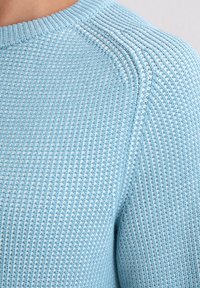 Helles Blaugraues Strickpullover mit strukturiertem Muster, geripptem Ausschnitt und Raglanärmeln. Das Material wirkt weich und atmungsaktiv.