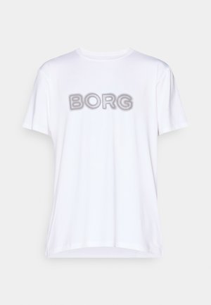 Weißes Baumwoll-T-Shirt mit einem strukturierten grauen "BORG"-Logo auf der Brust. Kurze Ärmel und runder Halsausschnitt, weicher Stoff.