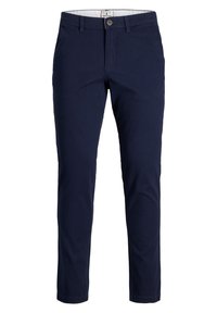 Pantalon droit pour homme bleu marine avec passants de ceinture, fermeture par boutons et poches avant, présenté sur fond blanc.