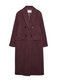 Bordeaux uldfrakke med dobbeltradet design, klassisk krave, to frontlommer og sorte knapper; mellemlang med en glat tekstur.