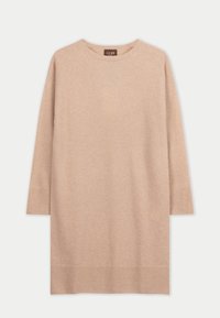 Robe-pull en maille beige clair avec un col rond, des manches longues et un ourlet droit. Texture douce, design minimaliste.