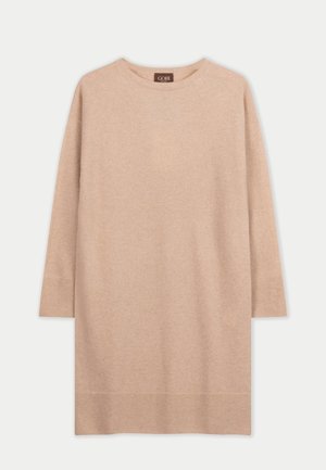 Hellbeiges Strickkleid mit Rundhalsausschnitt, langen Ärmeln und geradem Saum. Weiche Textur, minimalistisches Design.