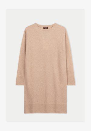 Hellbeiges Strickkleid mit Rundhalsausschnitt, langen Ärmeln und geradem Saum. Weiche Textur, minimalistisches Design.