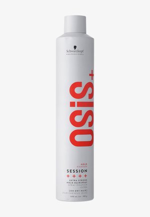 Bomboletta spray per capelli cilindrica bianca con logo rosso "Osis+", etichetta "Session" e testo nero; capacità 500 mL. Superficie liscia opaca.