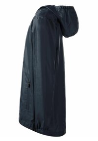 Veste de pluie légère bleu marine avec capuche, comporte une poche zippée sur le côté et des poignets élastiques. Tissu lisse et résistant à l'eau avec des détails froncés.