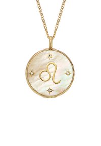 Collana d'oro con un pendente circolare che presenta uno sfondo in madreperla, un simbolo del Leone e sei piccoli accenti a forma di stella.