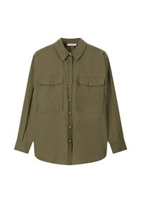 Olive-green button-up shirt with a collar, long sleeves, two front pockets, and gold-tone buttons. Soft, lightweight fabric with a relaxed fit.