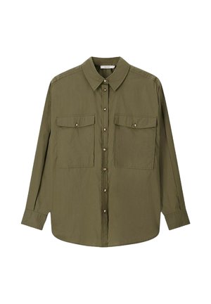 Olive-green button-up shirt with a collar, long sleeves, two front pockets, and gold-tone buttons. Soft, lightweight fabric with a relaxed fit.