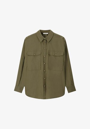 Olive-green button-up shirt with a collar, long sleeves, two front pockets, and gold-tone buttons. Soft, lightweight fabric with a relaxed fit.