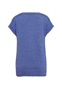 Korte mouwtrui in een zachte blauwe brei, met een ronde halslijn en geribbelde zoom. De textuur is iets chunky met een casual pasvorm.