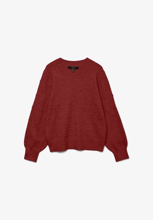 Pull en tricot rouge avec un col rond, des manches longues et des motifs en relief texturés. Poignets et ourlet côtelés.