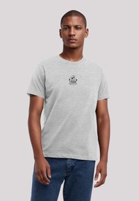 Gray cotton t-shirt with a round neckline and short sleeves, featuring a central printed design of an anchor and sailor's hat in black.