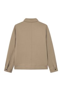 Giacca in tessuto beige con colletto a punta, maniche lunghe e polsini con bottoni. Presenta un design posteriore pulito con una cucitura centrale e senza decorazioni.