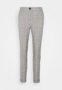 Grijze plaid broek met een fijn ruitpatroon, voorzien van een zwarte knoop, rechte pijpen en contrasterende rode accenten op de lijnen.