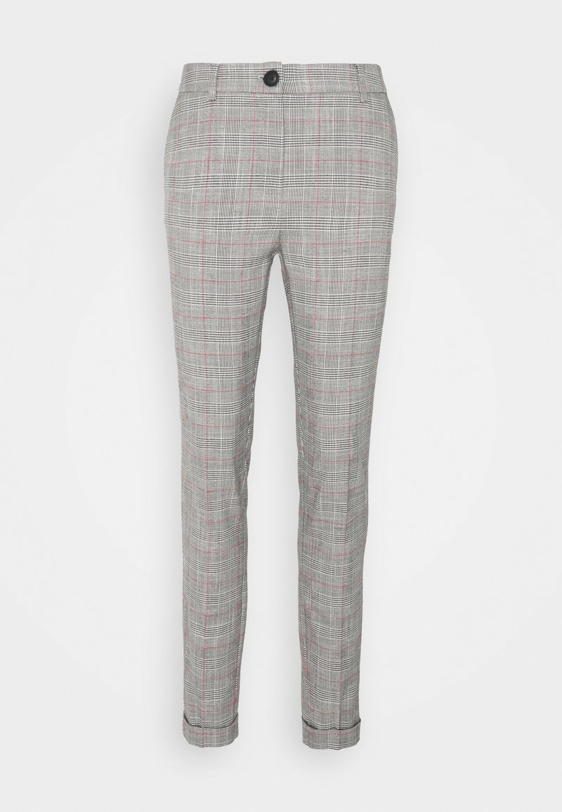Grijze plaid broek met een fijn ruitpatroon, voorzien van een zwarte knoop, rechte pijpen en contrasterende rode accenten op de lijnen.