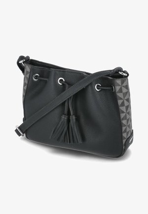 Borsa nera con superficie testurizzata, caratterizzata da un motivo geometrico grigio, chiusura con coulisse e due frange sul davanti.