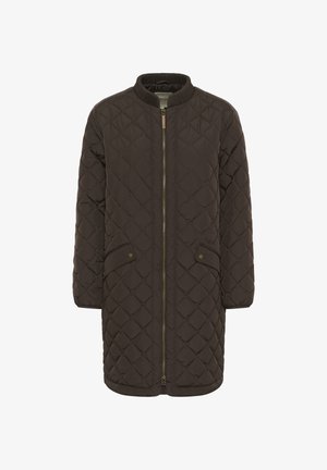 Ruskea tilkkutäkki pitkä takki, jossa on pyöreä kaulus, etuvetoketju ja sivutaskut. Ominaisuuksina timanttikuosi ja nappikoristeet taskuissa.