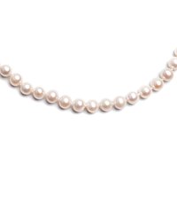 String of round, lustrous pink pearls featuring smooth surfaces and a consistent size arrangement, set against a white background.