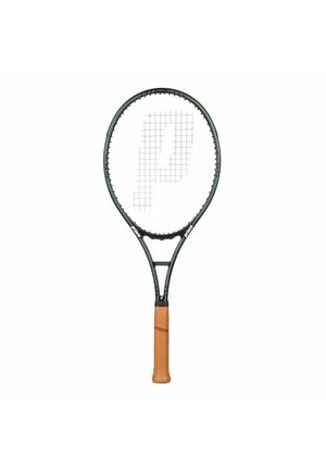 Tennis racket with a green frame, a woven pattern on the strings, and a beige textured grip. Features a logo on the strings.