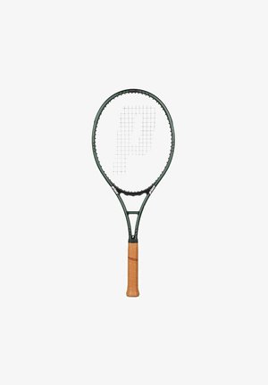 Tennisschläger mit einem grünen Rahmen, einem gewebten Muster auf den Saiten und einem beigefarbenen strukturierten Griff. Mit einem Logo auf den Saiten.