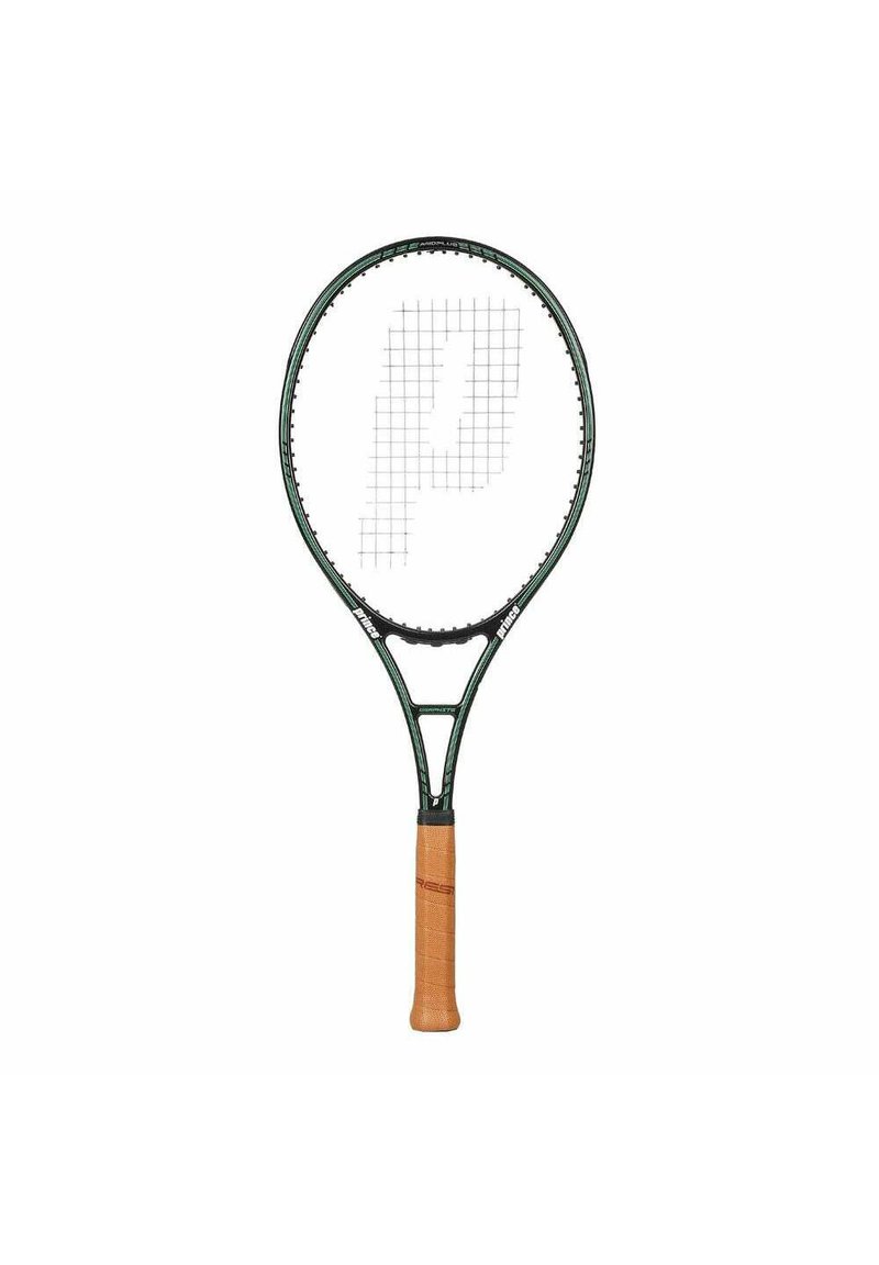 Tennisracket met een groen frame, een geweven patroon op de snaren en een beige gestreepte grip. Heeft een logo op de snaren.