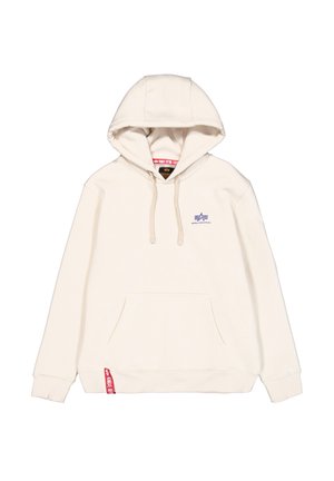 Krém színű kapucnis pulóver, puha anyagból készült, elülső zsebbel, húzózsinórral ellátott kapucnival és egy kis kék logóval a mellrészen.