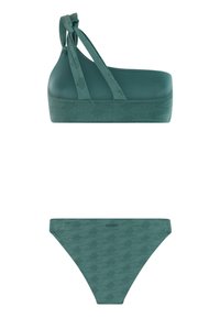 Türkisfarbenes Bikini-Set mit einseitigem Oberteil mit verstellbaren Trägern und strukturiertem Unterteil mit Musterdesign. Weiches, dehnbares Material.