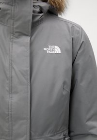 Veste grise isolante avec capuche bordée de fourrure et logo blanc "The North Face" sur la poitrine, visible de la mi-torse vers le haut.